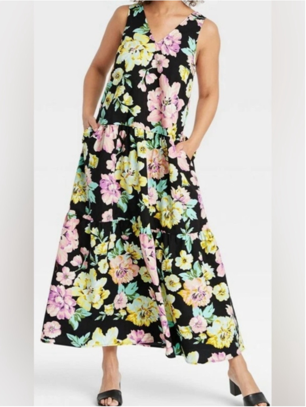 Who What Wear Black Floral V-Neck Cotton Maxi Dress with Pockets
